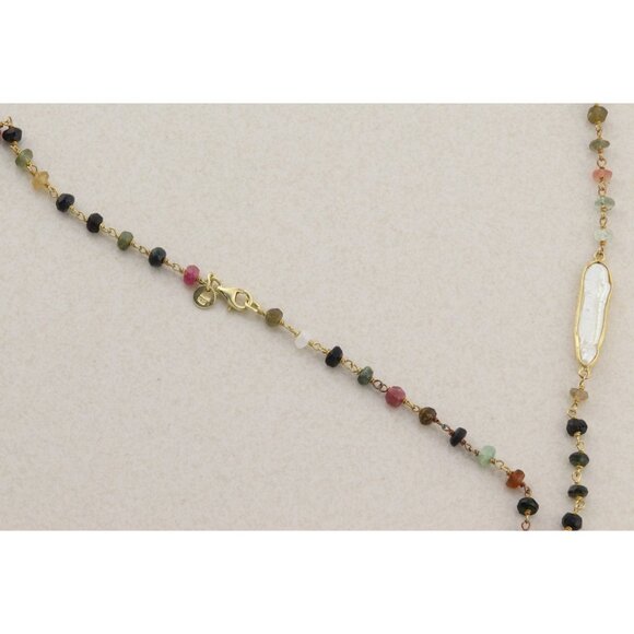 Gold Over Sterling Silver Natural Tourmaline and Keshi Pearl Necklace 24" - Picture 8 of 8